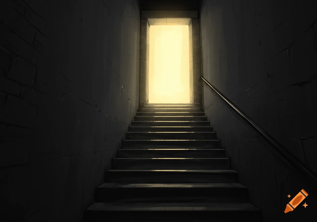 A dark, sketch-style staircase leads up to a bright, glowing doorframe at the top, viewed from below.