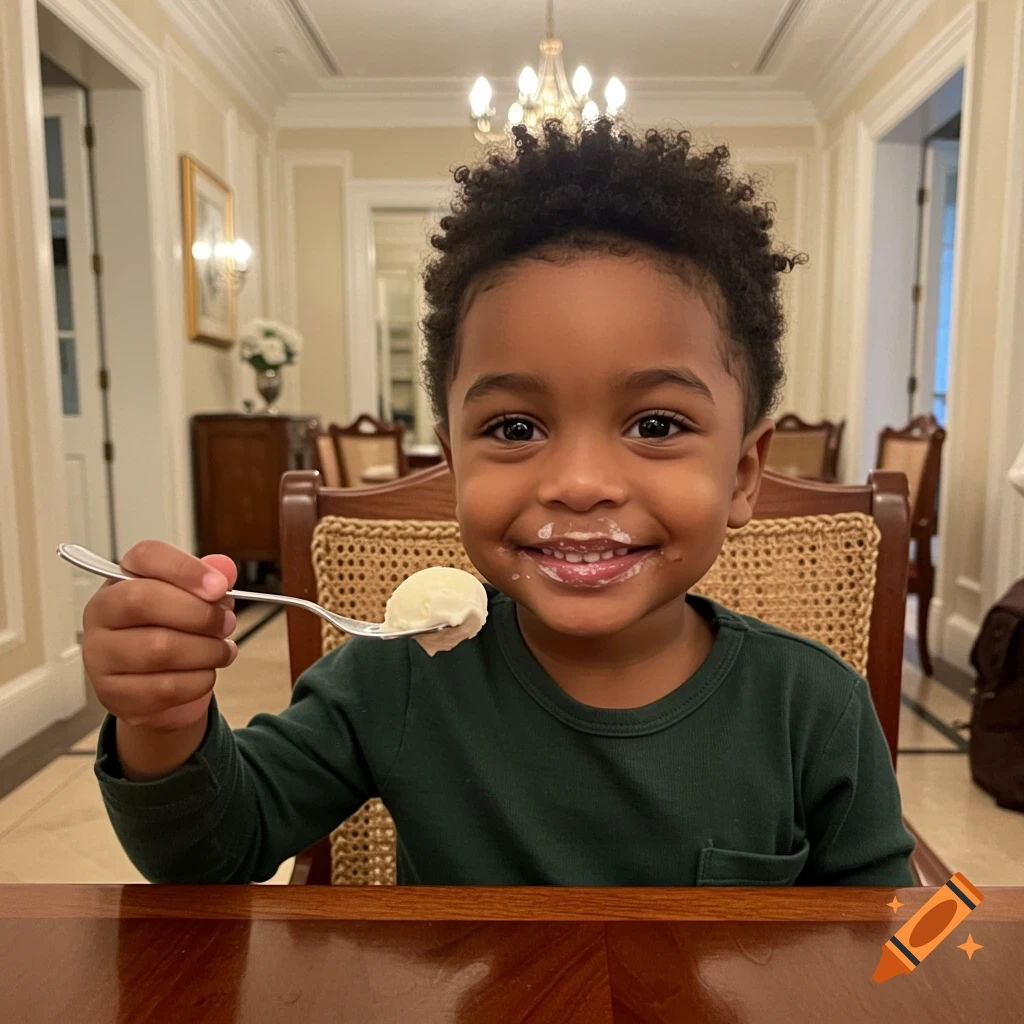 A young black boy with a curly afro smiles, cream around his mouth, holding a spoon with ice cream in a mansion dining room.