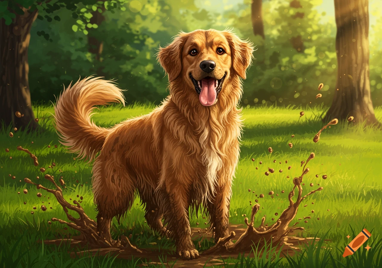 A happy golden retriever stands in muddy puddles, splashing mud in a bright green forest, illustration style.