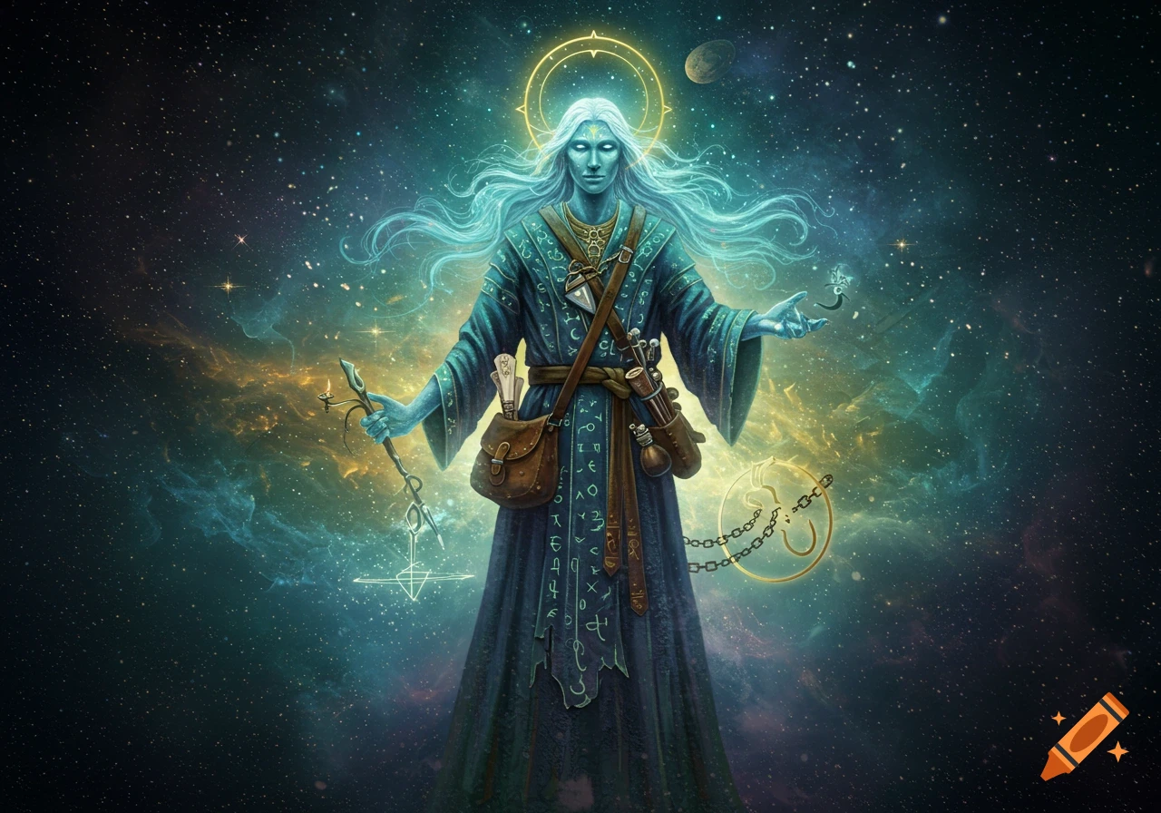 An ethereal cosmic wizard with flowing blue hair and robes adorned with symbols stands against a starry nebula background.