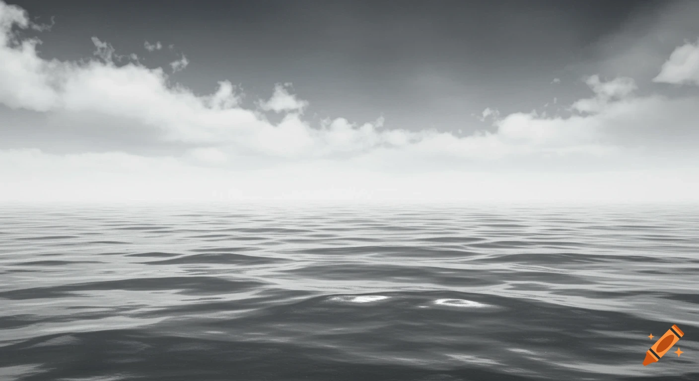 A panoramic black and white seascape with a textured ocean under a cloudy sky.