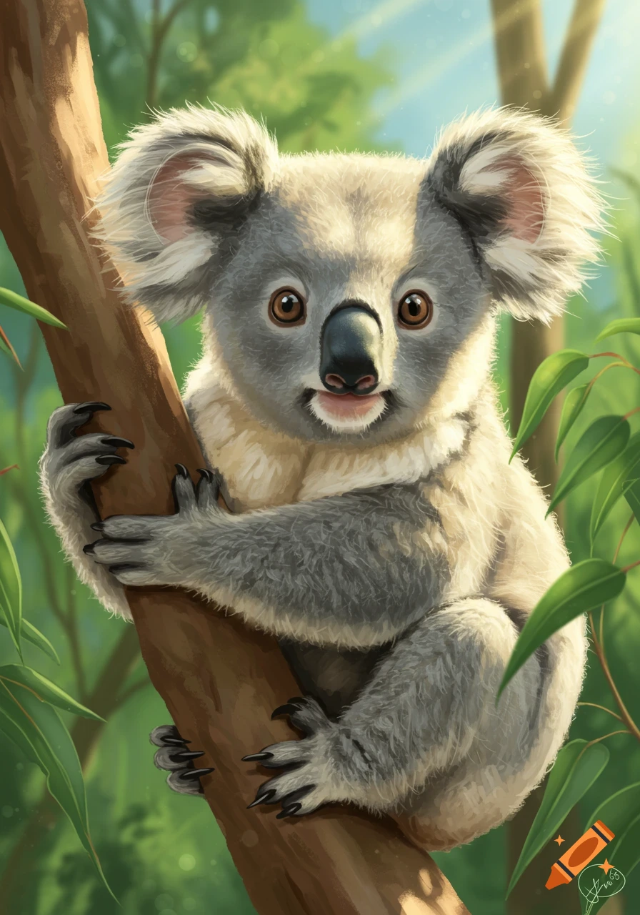 A cute, big-eyed baby koala bear with fuzzy ears clings to a tree branch in a sunlit, green forest, depicted in a charming illustration style.