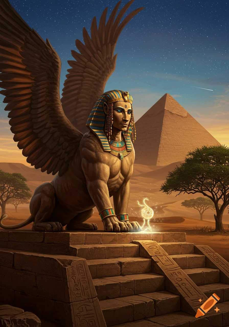A mythical winged sphinx with a man's face and lion's body sits on ancient temple steps, looking at a glowing object. A pyramid stands against a starry desert sky with scattered trees.
