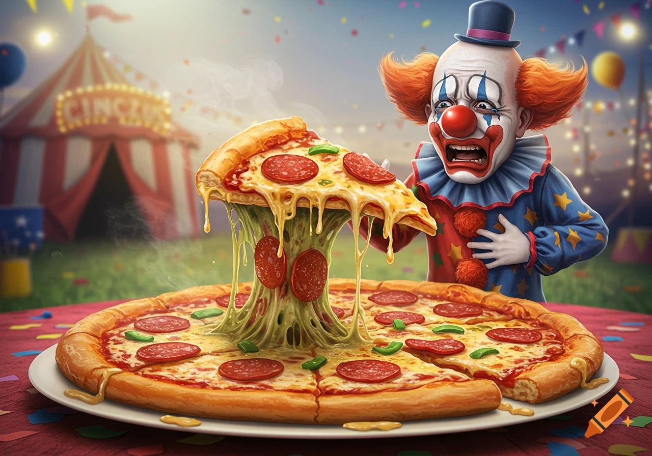A distraught clown with red hair and face paint reacts to a very gooey, stretching slice of pepperoni pizza in a colorful circus setting.