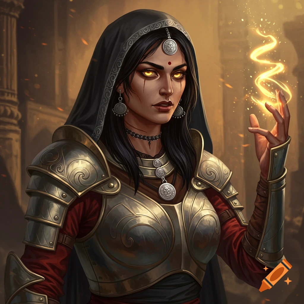 A dark-haired female cleric in ornate Indian-style plate armor and a black veil, with glowing gold eyes, casts a spell with light emanating from her hand in a fantasy setting.