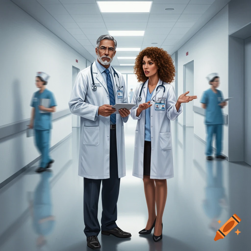 A photorealistic image of a male and female doctor standing in a hospital hallway, conversing. The male doctor holds a tablet.