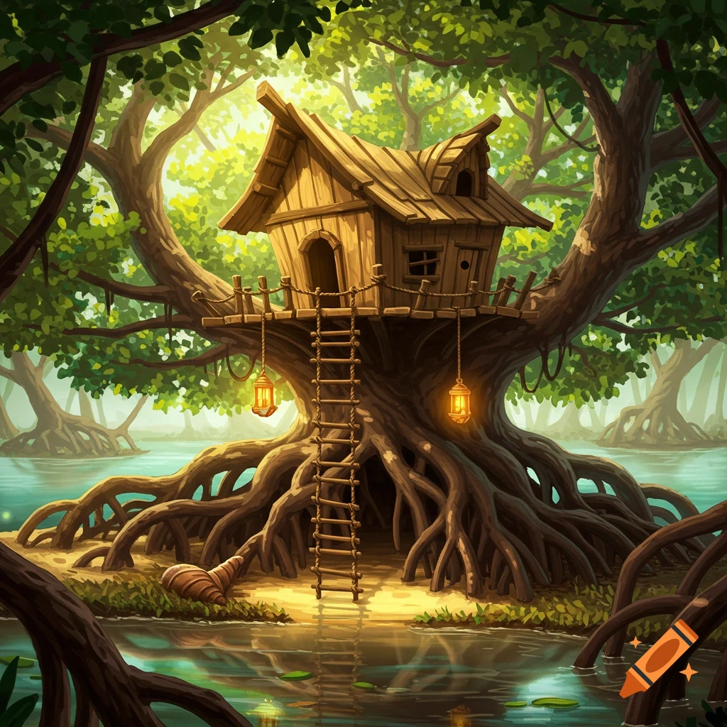 A whimsical wooden treehouse built within the roots of a large tree in a lush mangrove swamp, with glowing lanterns, in a stylized illustration.