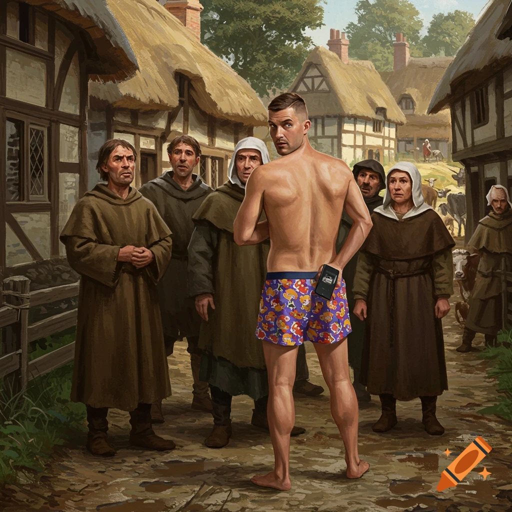 A modern man in colorful boxer shorts stands shirtless and barefoot, holding a phone behind his back, looking at curious medieval villagers.