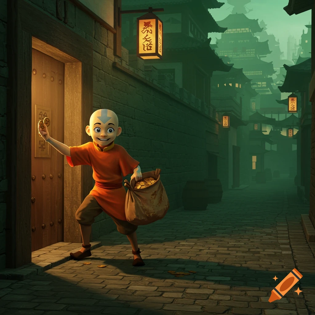 Aang from Avatar tiptoes out of an Asian-style bank with a large bag of coins, smiling greedily in a misty street.