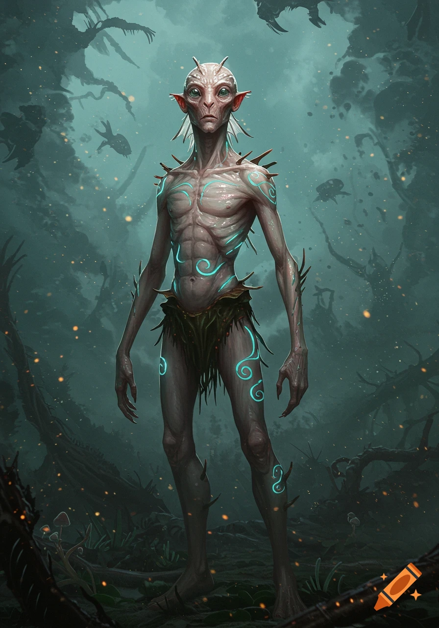 A lean, pale humanoid fantasy creature with long ears, glowing spiral markings, and chitin-like plates stands in a hazy, dark alien forest.