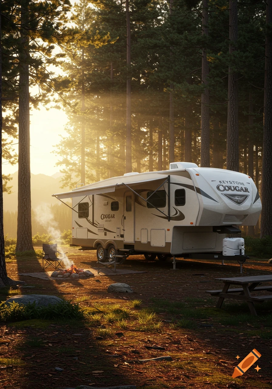 Photorealistic Keystone Cougar fifth-wheel camper at a sunlit forest campsite with a campfire and picnic table.