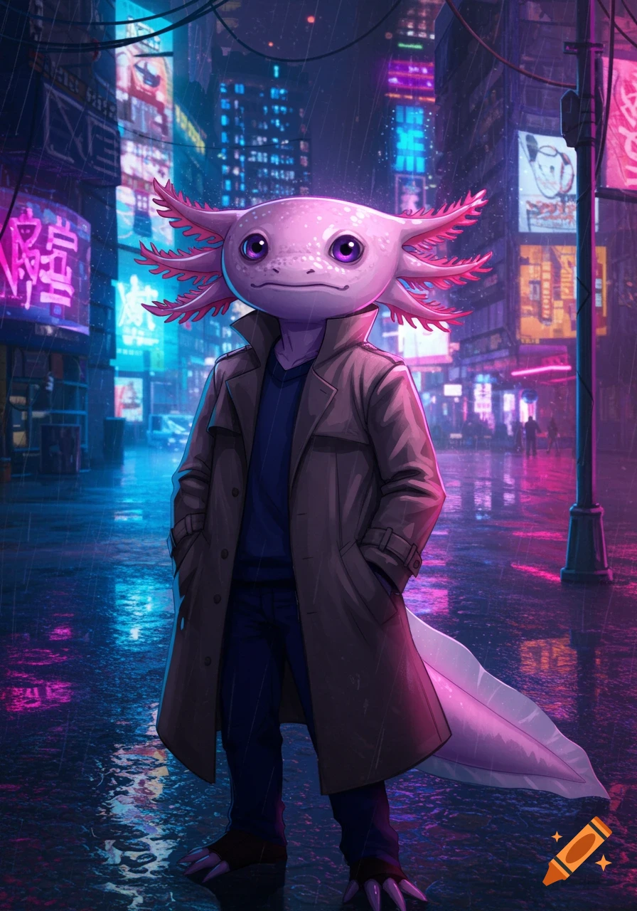 An anthropomorphic pink axolotl in a trench coat stands on a rainy, neon-lit cyberpunk city street at night, anime style.