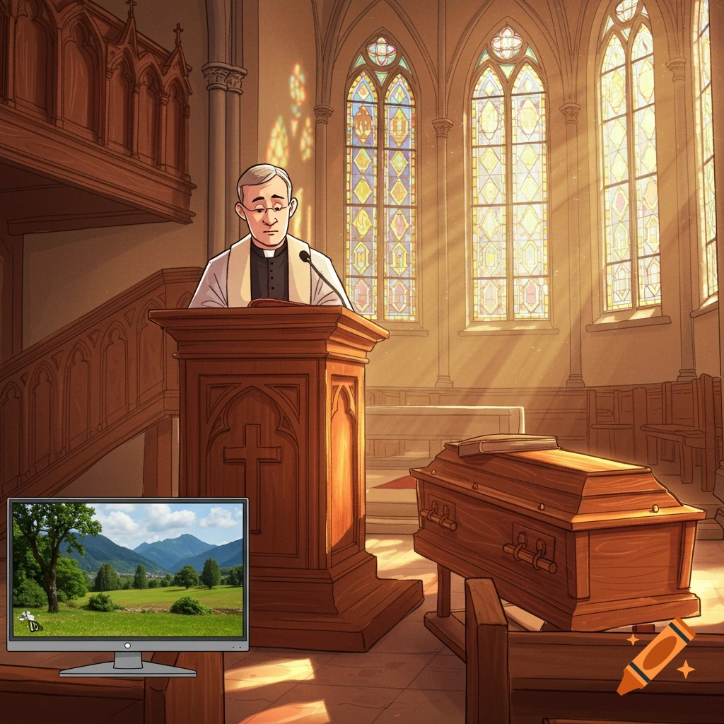 A cartoon priest gives a sermon at a funeral in a church with a coffin and a TV displaying a lush green landscape.