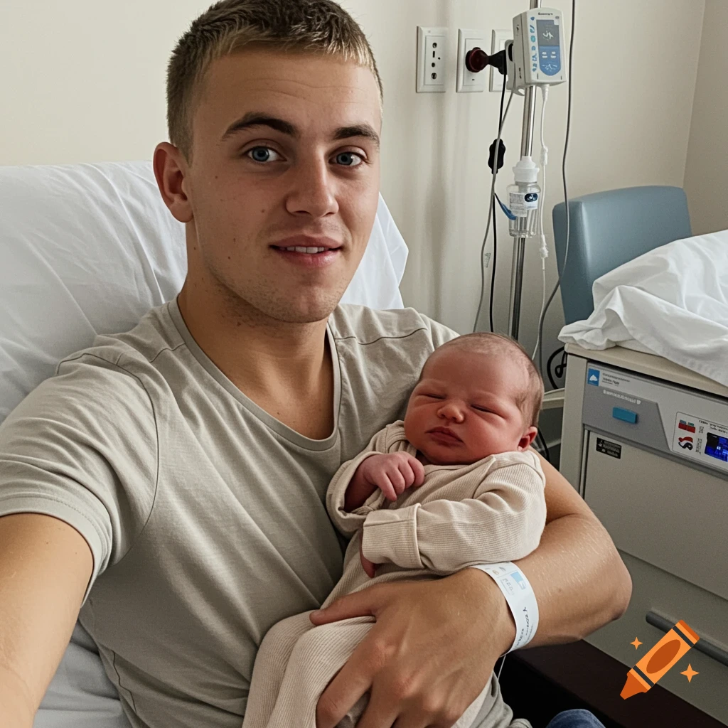 A young man with short blonde hair and blue eyes smiles while holding a sleeping newborn baby in a hospital room.