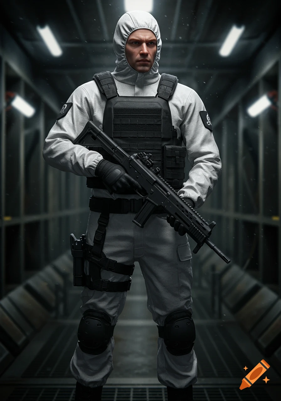 A man in a white hazmat suit and black tactical vest holds a rifle in a dark, metallic corridor, looking forward. Photorealistic style.