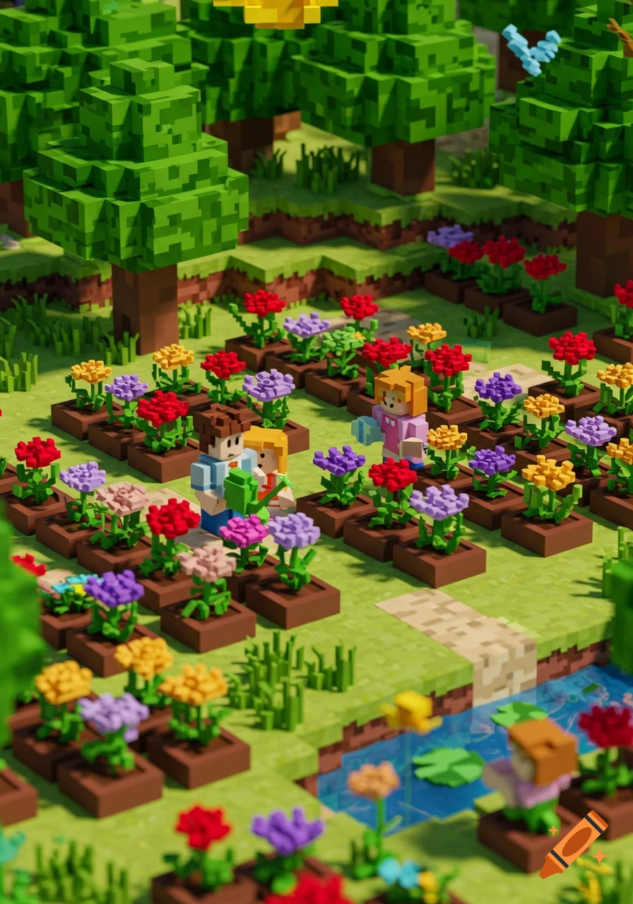 Pixel art isometric view of children gardening colorful flowers in a blocky, vibrant garden with trees and a pond.