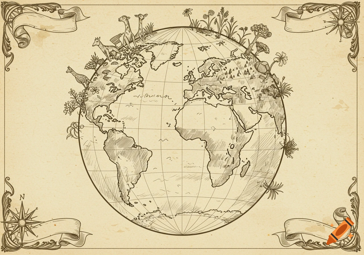 Hand-drawn vintage-style illustration of a globe with continents, animals, and plants, on an aged paper background with decorative borders and a compass rose.