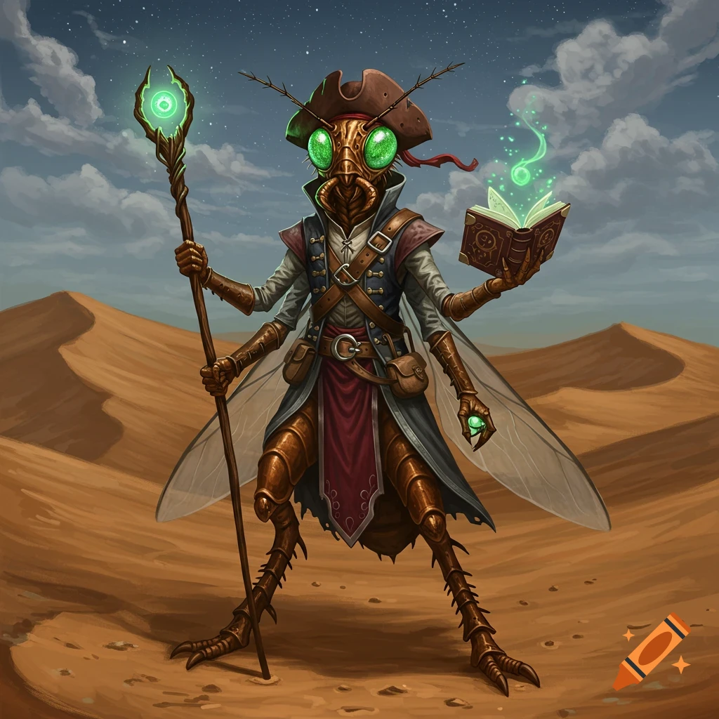 A humanoid insectoid creature with bronze chitin, green eyes, a pirate hat, a staff, and a magical book, standing in a desert.