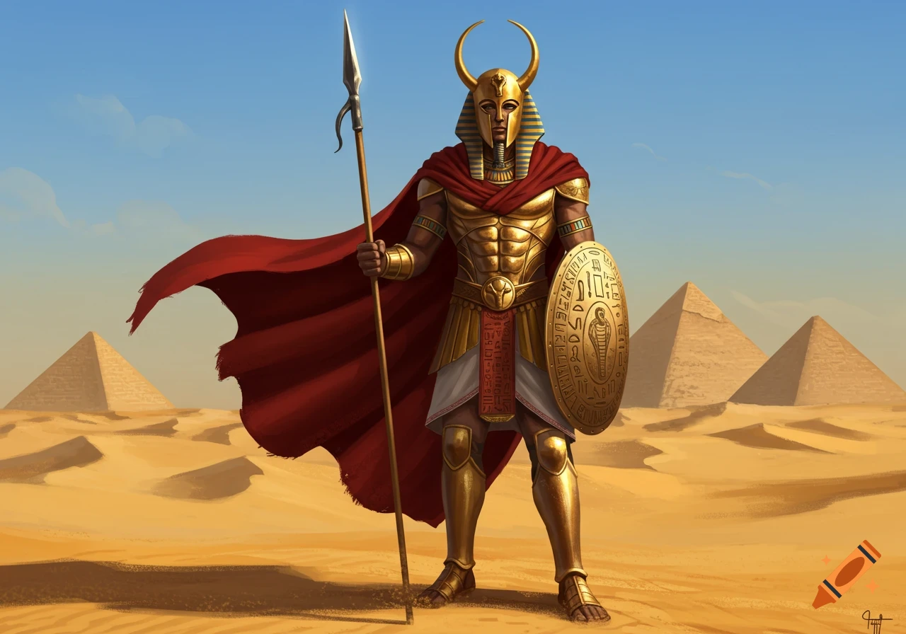 A powerful ancient Egyptian soldier in golden armor, red cape, and horned helmet stands in a desert with pyramids under a blue sky, holding a spear and shield.