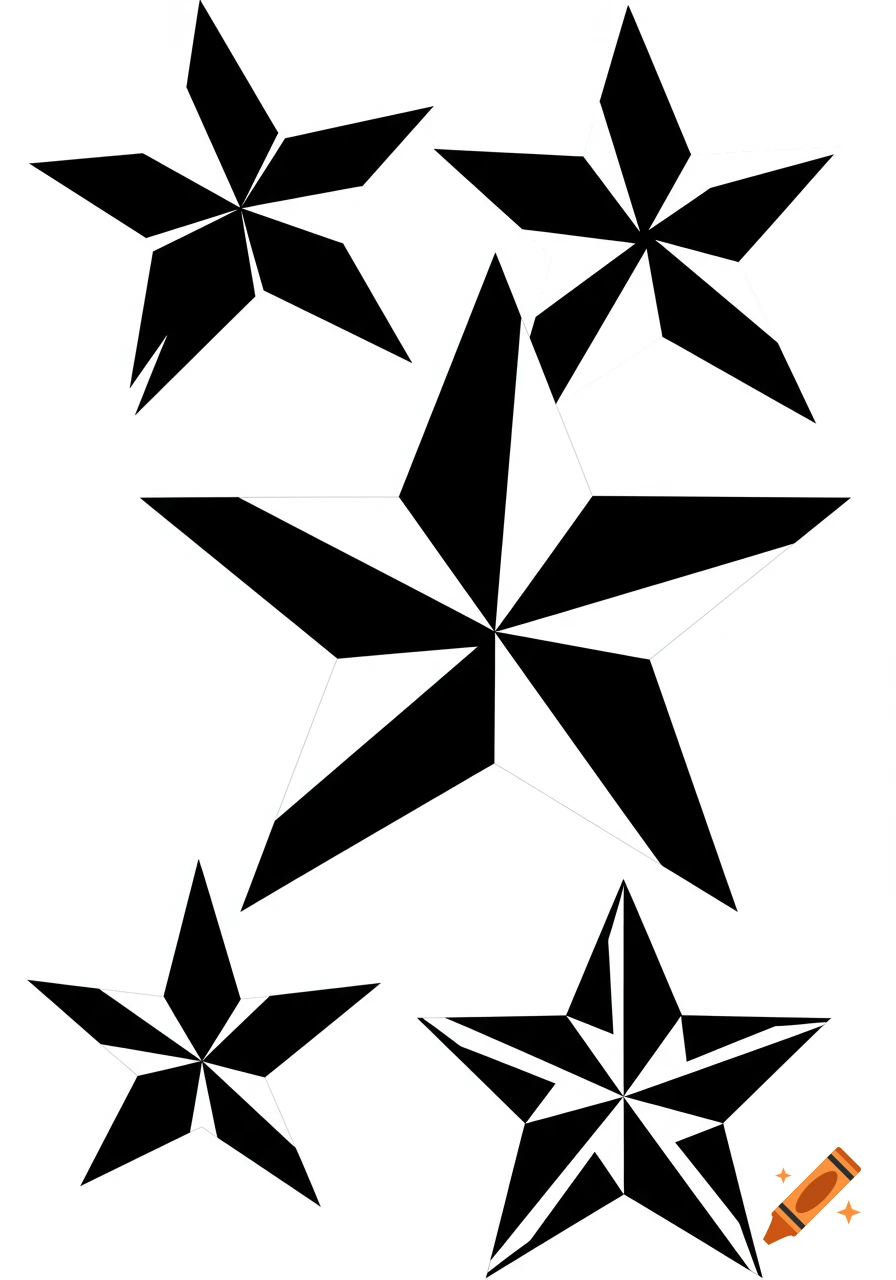 A stylized black and white five-pointed nautical star with segmented facets  on a plain white background. on Craiyon, image size:896x1280
