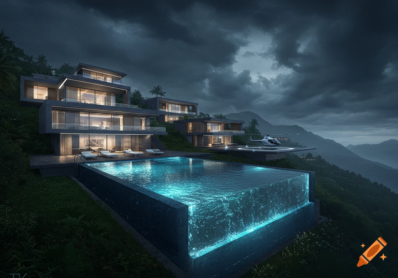 A photorealistic image of modern luxury houses on a hill, with an illuminated infinity pool, a helicopter pad, and a dark, cloudy sky over mountains.