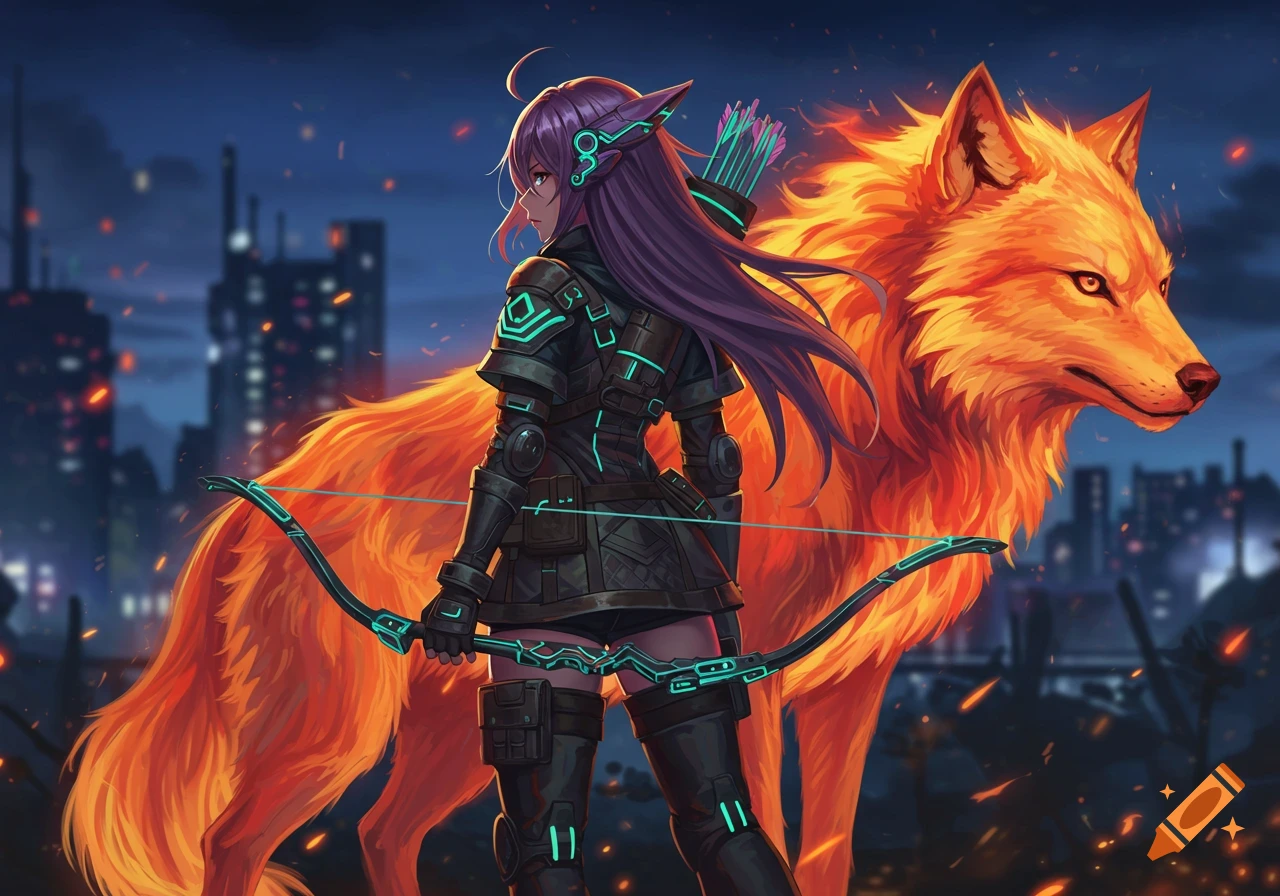 Anime girl in futuristic armor with a glowing bow, accompanied by a large fire wolf, stands against a dark cityscape.