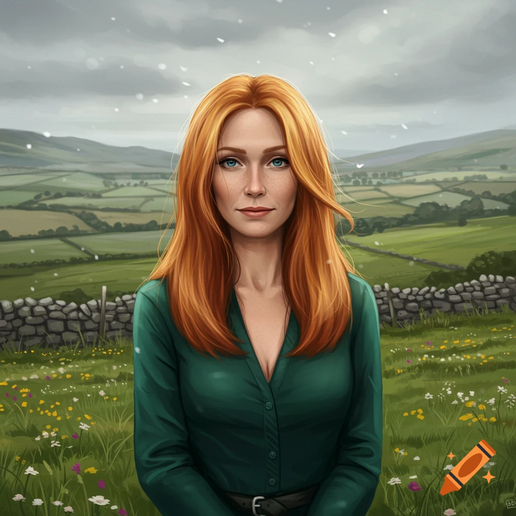 A red-haired woman with blue eyes and freckles stands in a field of wildflowers with rolling green hills and a stone wall behind her, in a stylized art style.