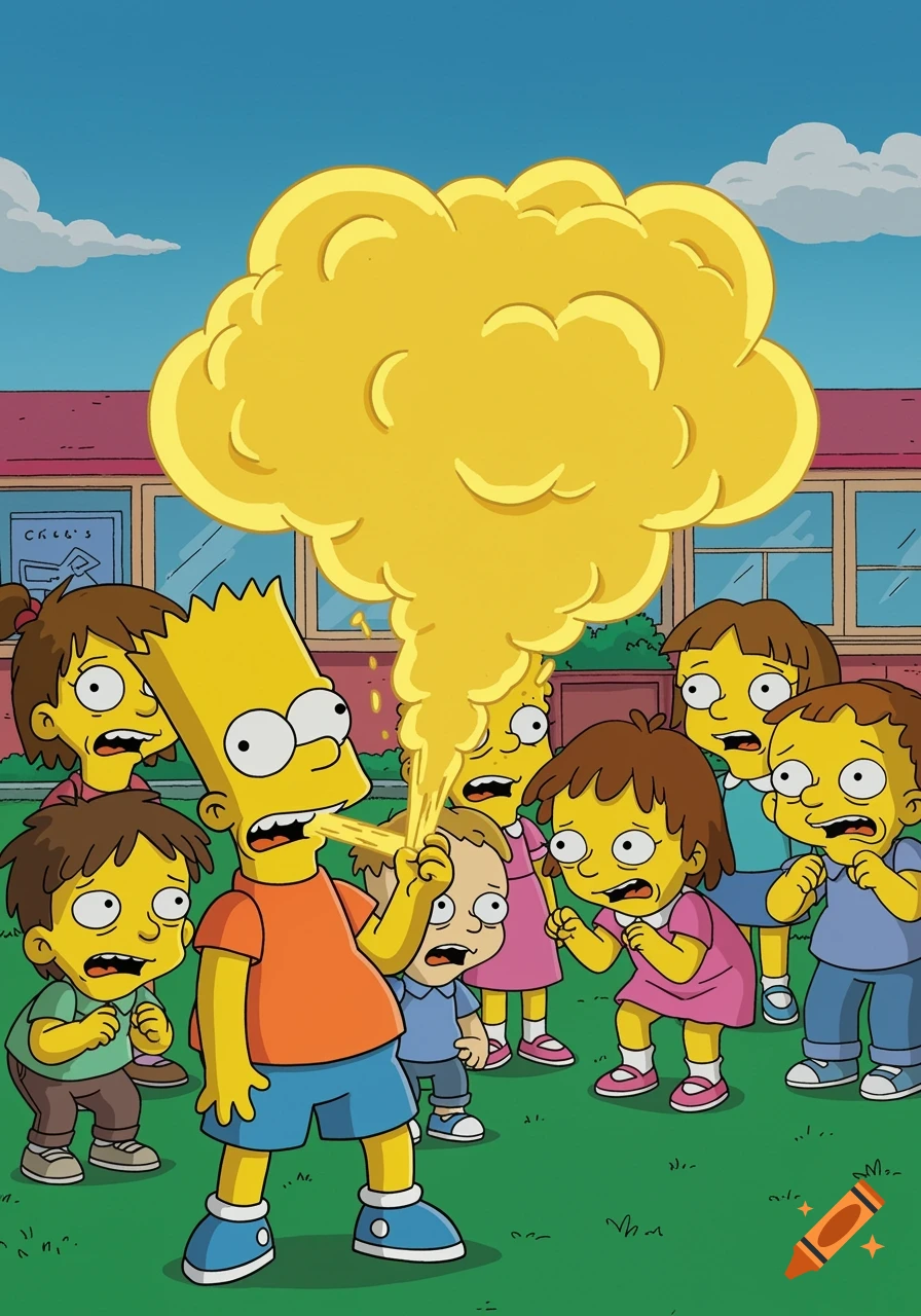 Bart Simpson farts a large yellow cloud, startling a group of children around him in a cartoon style.