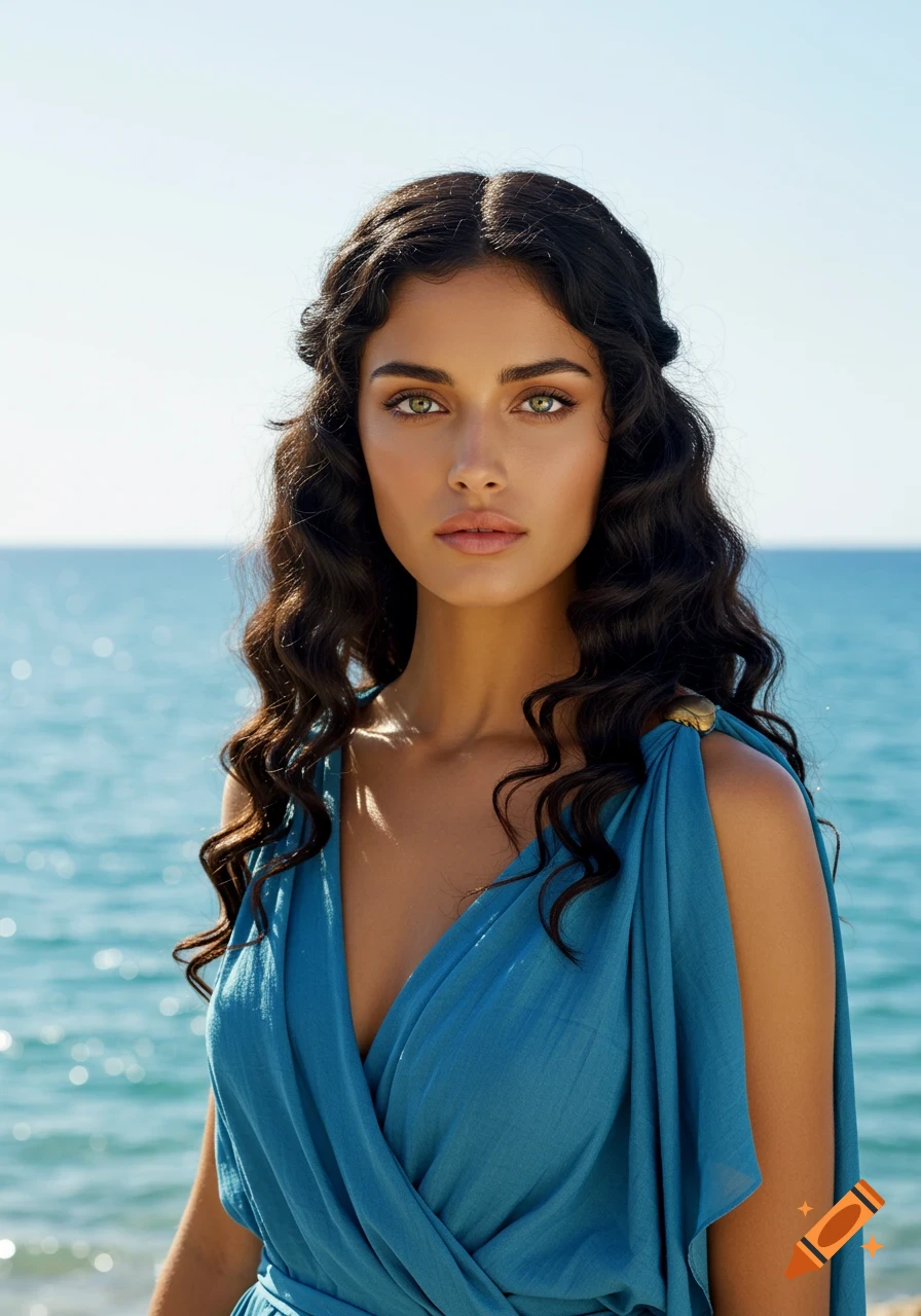 Photorealistic portrait of a beautiful woman with dark curly hair and green eyes, wearing a blue chiton by the sea.