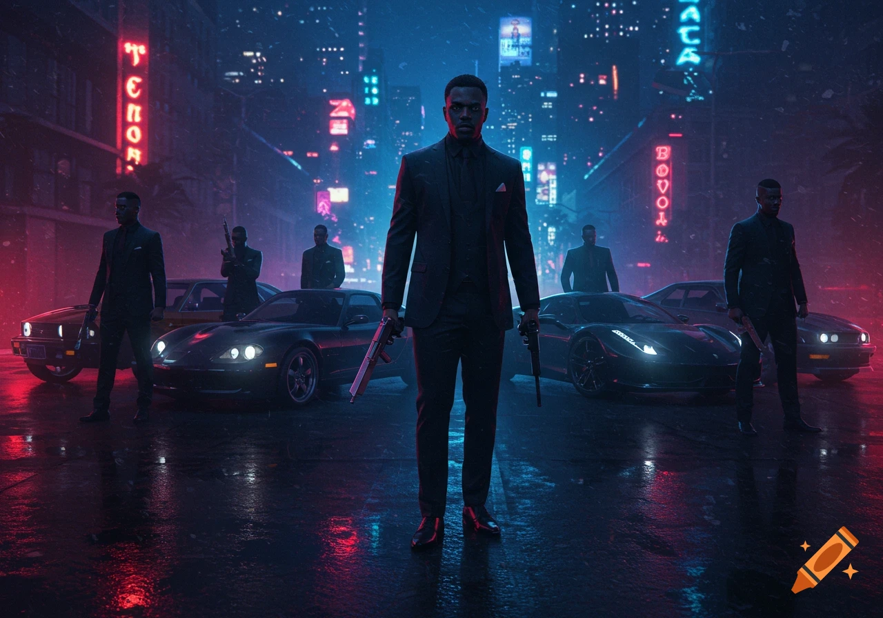 A group of men in black suits hold guns on a wet, neon-lit city street at night, with luxury cars in the background.
