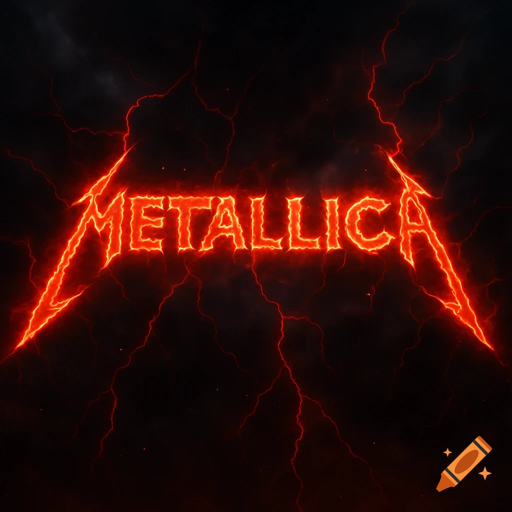 The Metallica logo, glowing red and stylized as lightning, against a dark, cracked background.