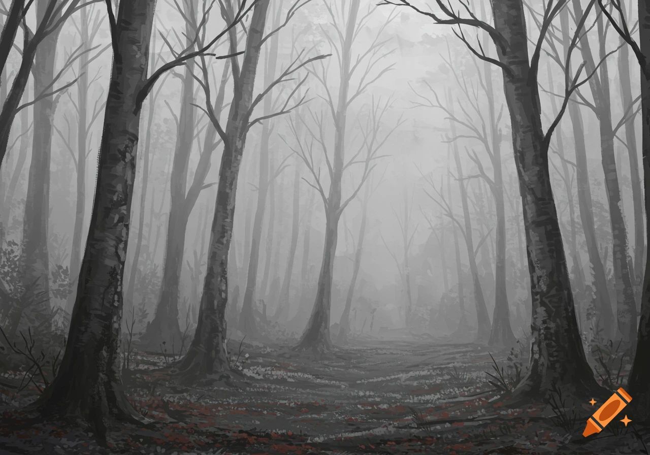 A digitally painted dark, misty forest with tall, bare trees and a path covered in red leaves.