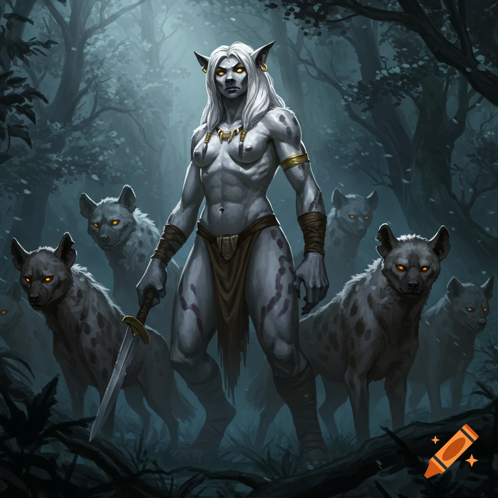 A muscular, ash-white gnoll warrior with glowing eyes stands with a sword in a dark forest, surrounded by hyenas.