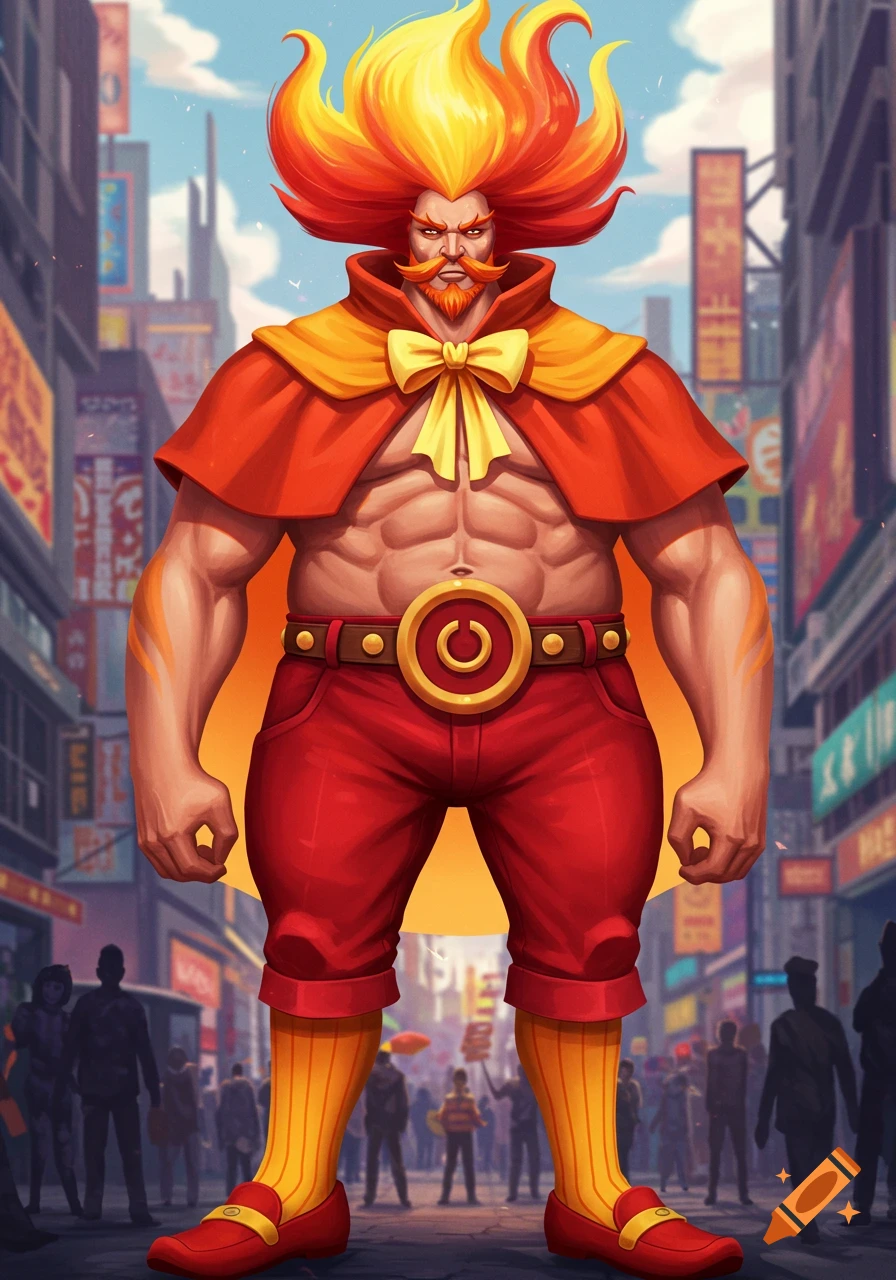 A large, muscular man with fiery hair and a beard, wearing a red cape, red pants, and yellow socks, stands in a city street. Cartoonish style.
