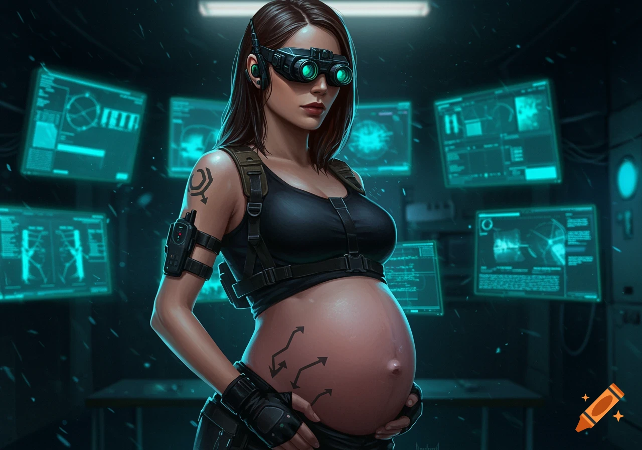 A pregnant woman in tactical gear and night vision goggles stands in a dark room with glowing blue holographic screens.