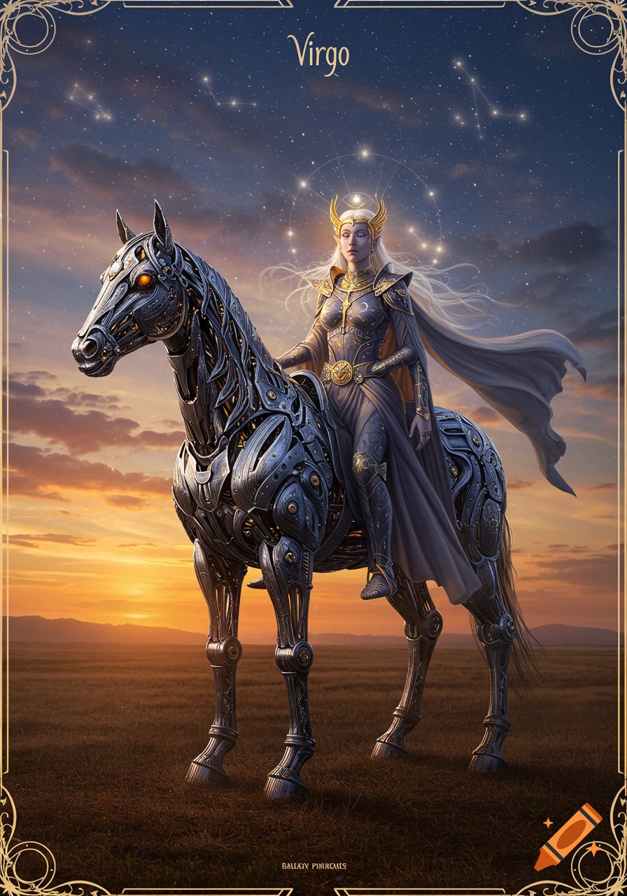 A fantasy woman in golden armor rides a dark metallic mechanical horse in a field at sunset, beneath a starry sky with the Virgo constellation.