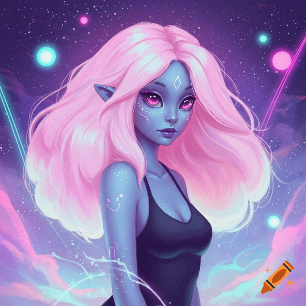 A blue-skinned alien girl with long, flowing pink hair and large pink eyes gazes forward against a vibrant starry space background.