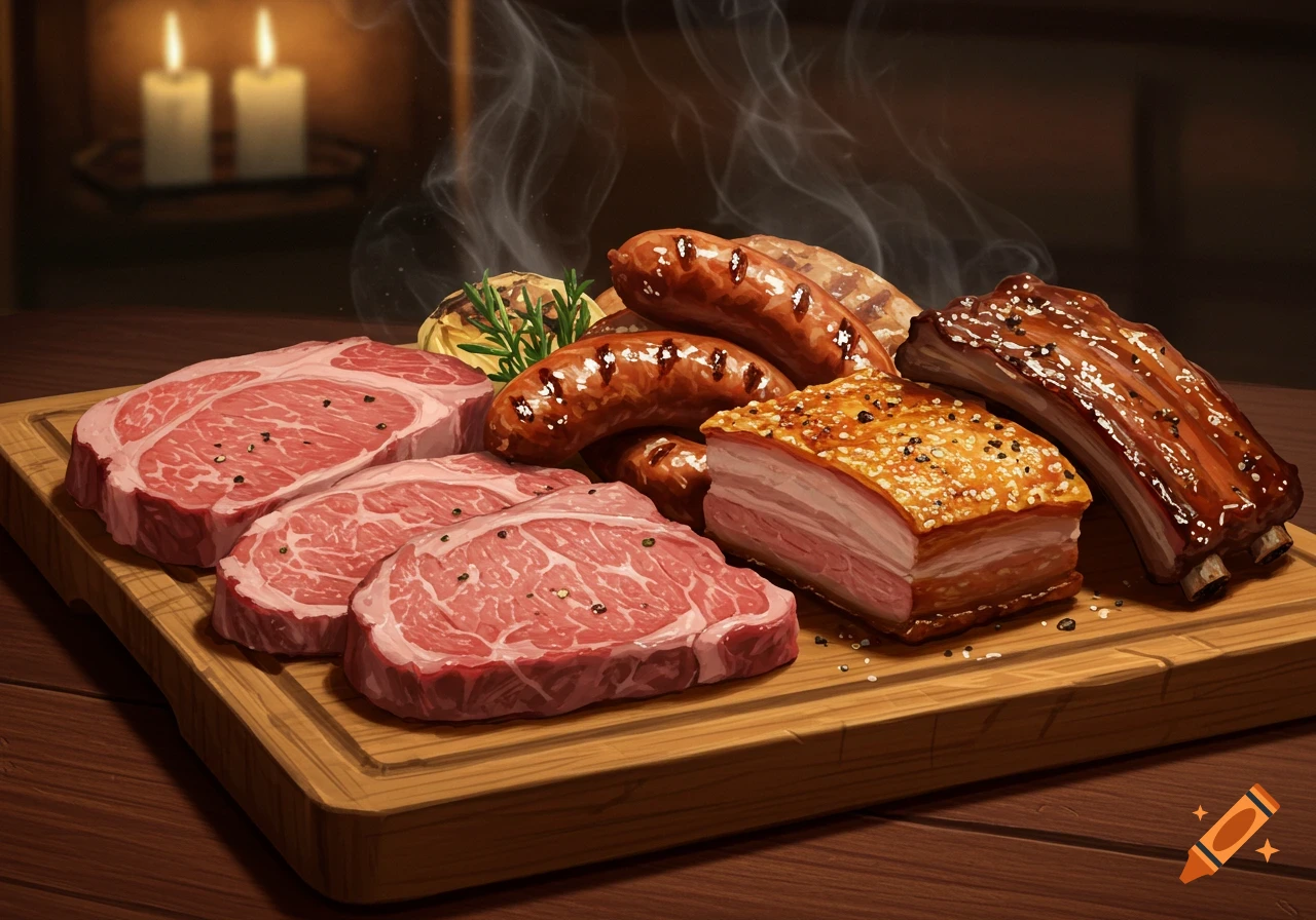 Steaming raw steaks, sausages, pork belly, and ribs on a wooden cutting board with candles in the background. Photorealistic food art.