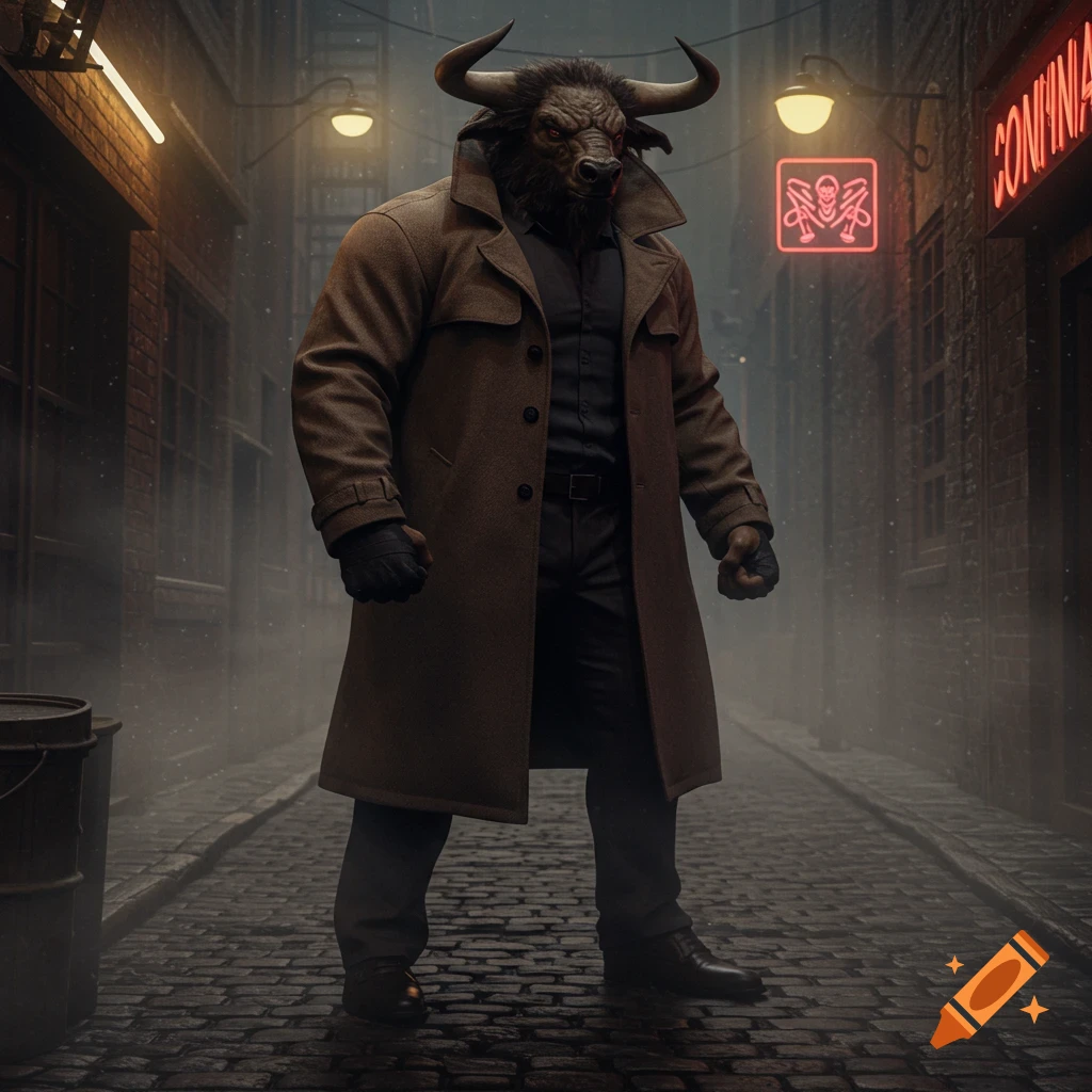 Photorealistic image of a minotaur in a long brown coat and black shirt standing in a dark, misty cobblestone alley at night, with glowing neon signs.