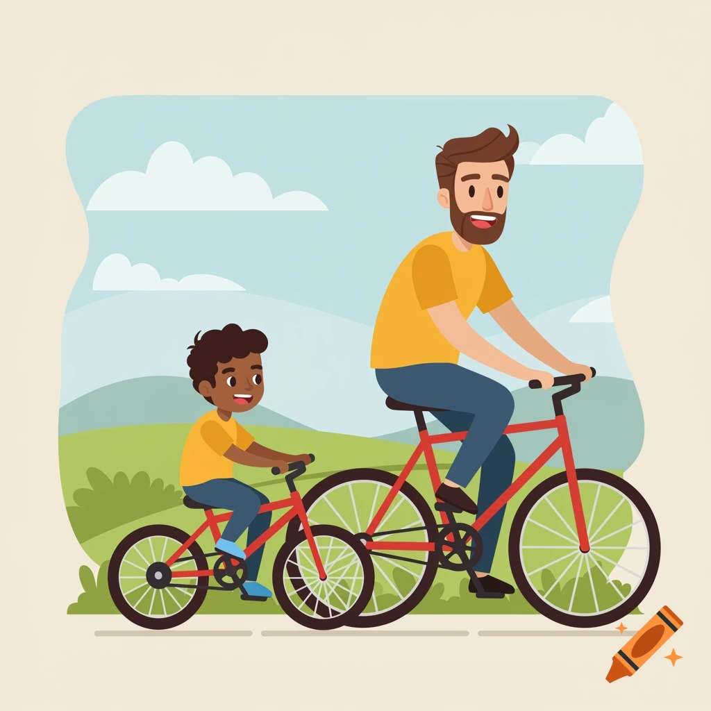 A father and son riding red bicycles in a park, smiling.