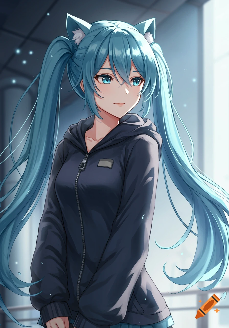 An anime girl with long aqua-blue pigtails and cat ears, wearing a navy gray zip-up hoodie, with a subtle smile.