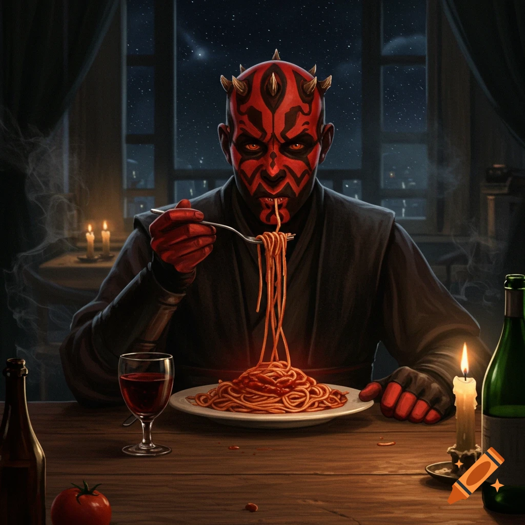 Darth Maul sits at a wooden table in a dimly lit room, eating spaghetti with a fork. Candles and a wine glass are on the table.