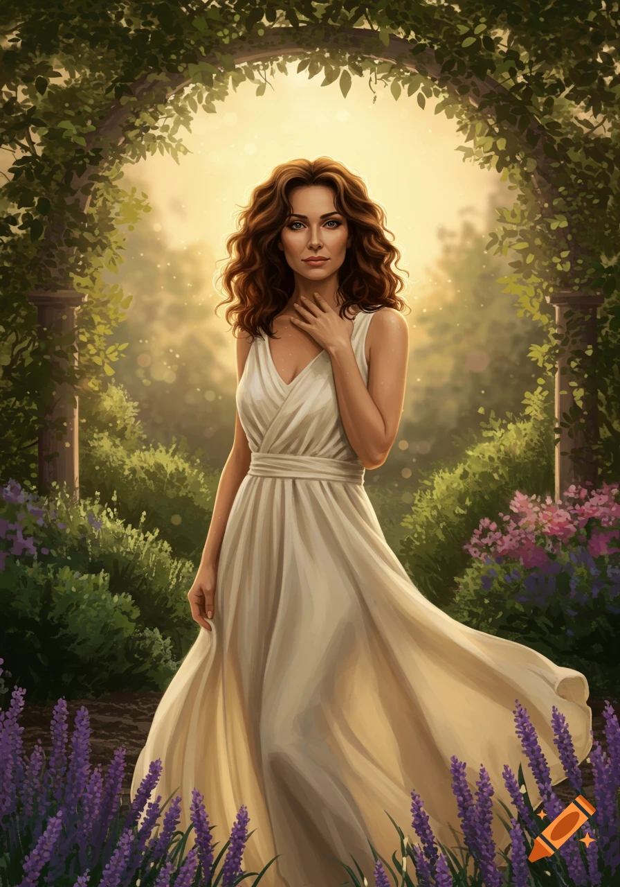 A beautiful woman with long wavy brown hair, wearing a flowing white dress, stands under a vine-covered archway in a sunny garden with lavender flowers.
