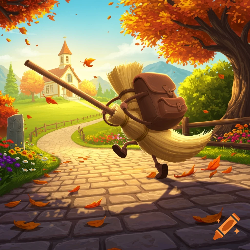 A cartoon broomstick with a backpack runs on a cobblestone path, surrounded by colorful autumn trees and fallen leaves, with a church in the background.