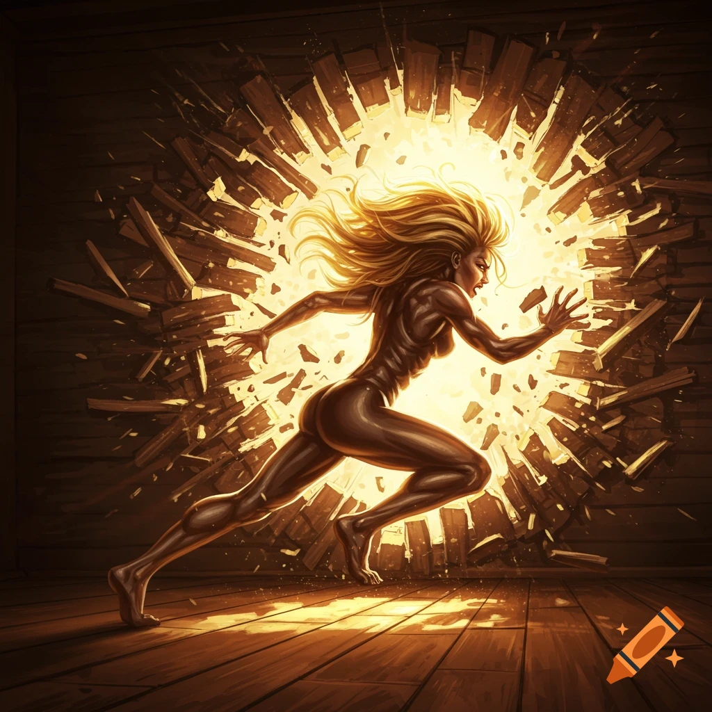 A muscular blonde woman in a dark suit charges through a wooden wall, illuminated by bright light, in a dynamic illustration.