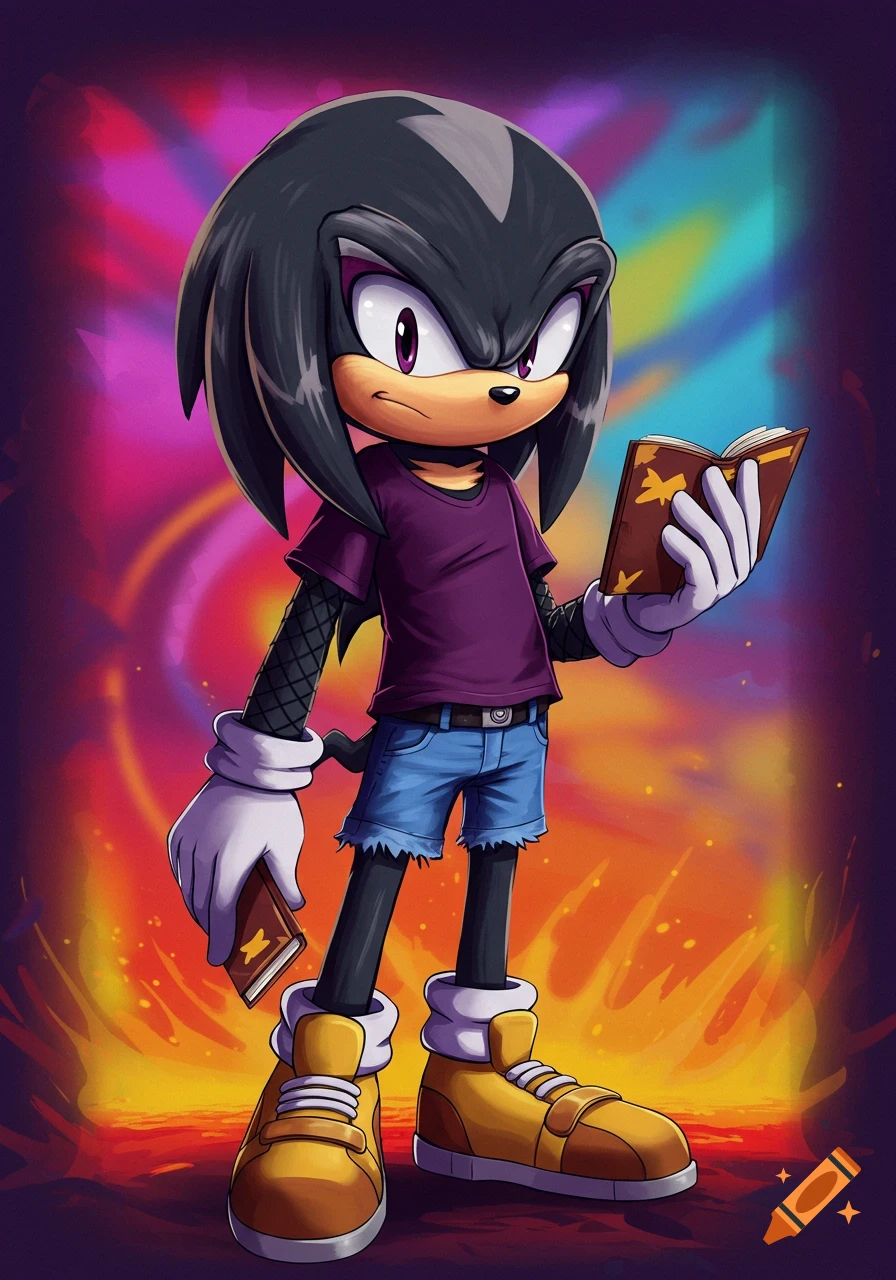 A black echidna character in Sonic style, wearing a purple shirt, jean shorts, and gold sneakers, holds two books against a vibrant, abstract background.