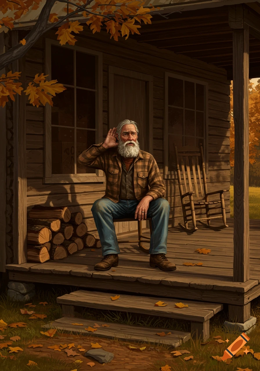 An elderly man with a white beard sits on a wooden porch, cupping his ear, surrounded by autumn leaves in a rustic setting.