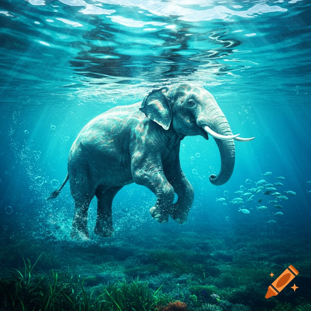 A photorealistic elephant swims gracefully underwater with light rays from the surface and small fish.