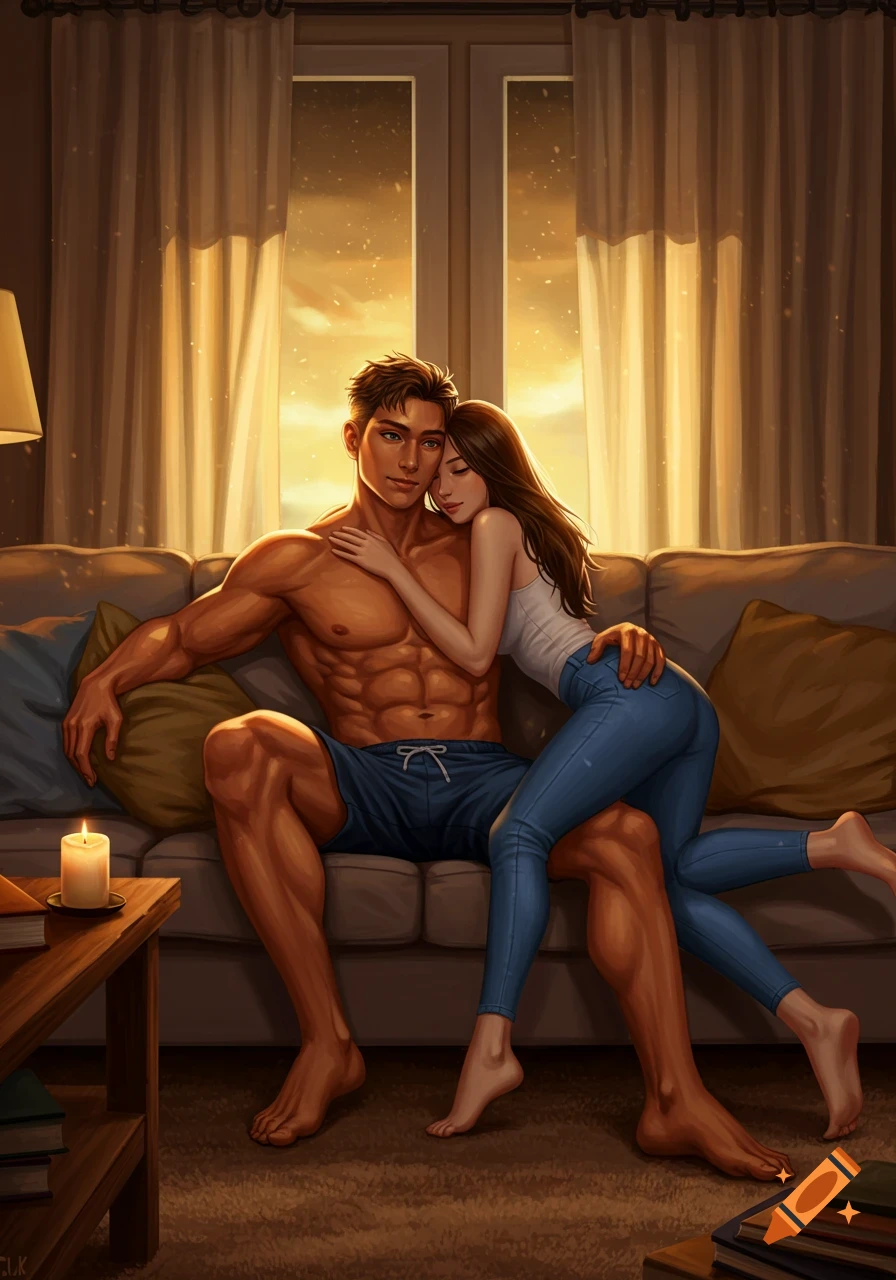 A man and woman cuddle on a couch in a warm-lit room, sunset visible through the window, digital art style.