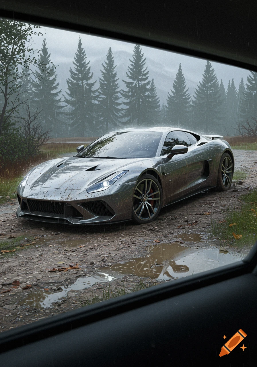 Sleek silver sports car covered in mud on a rainy dirt road with pine trees and mountains.